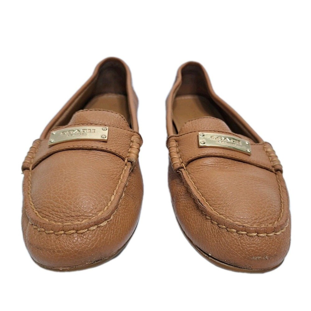 Coach Fredrica Pebbled Leather Driving Loafers Womens 8.5 Tan Gold Logo A5175 - Picture 2 of 11